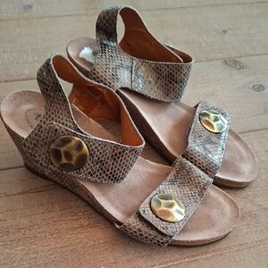 NWOT Taos Brown Snakeskin & Cork Wedge Sandals with Brass Accents (EU 8/US 8)